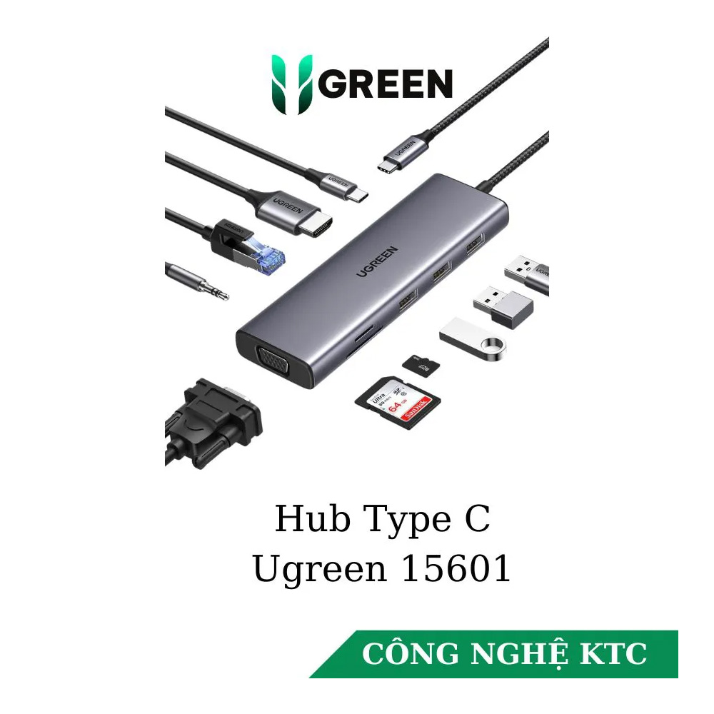 BỘ CHUYỂN ĐỔI USB-C SANG 3*USB 3.0+HDMI+VGA+RJ45+SD/TF+3.5MM+PD UGREEN (15601)