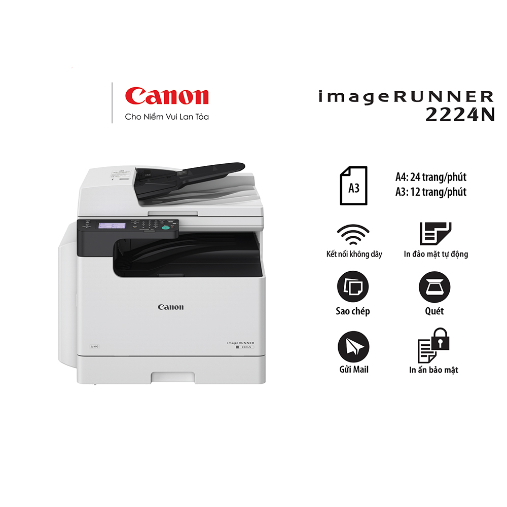 Máy in laser đen trắng đa năng Canon iR2224N (In đảo mặt| Copy| Scan| A4| A5| USB| LAN| WIFI)