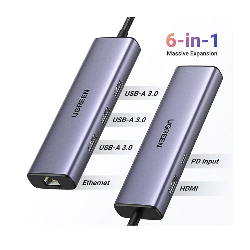 BỘ CHUYỂN ĐỔI USB-C SANG 3*USB 3.0+RJ45+HDMI+PD HỖ TRỢ 4K UGREEN (15598)