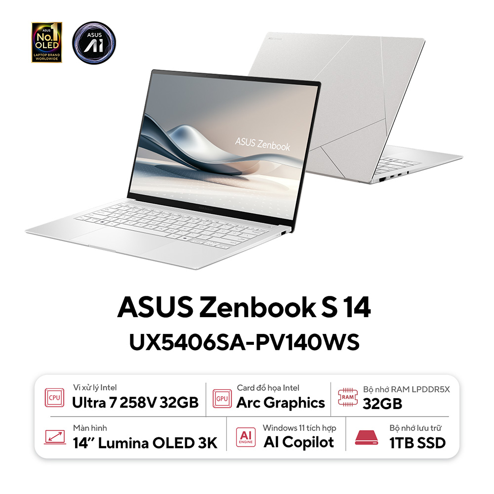 LAPTOP ASUS ZENBOOK S 14 OLED UX5406SA-PV140WS (INTEL CORE ULTRA 7 PROCESSOR 258V | 14 INCH 3K OLED | INTEL ARC | 32GB | 1TB | WIN 11 | OFFICE |TRẮNG)