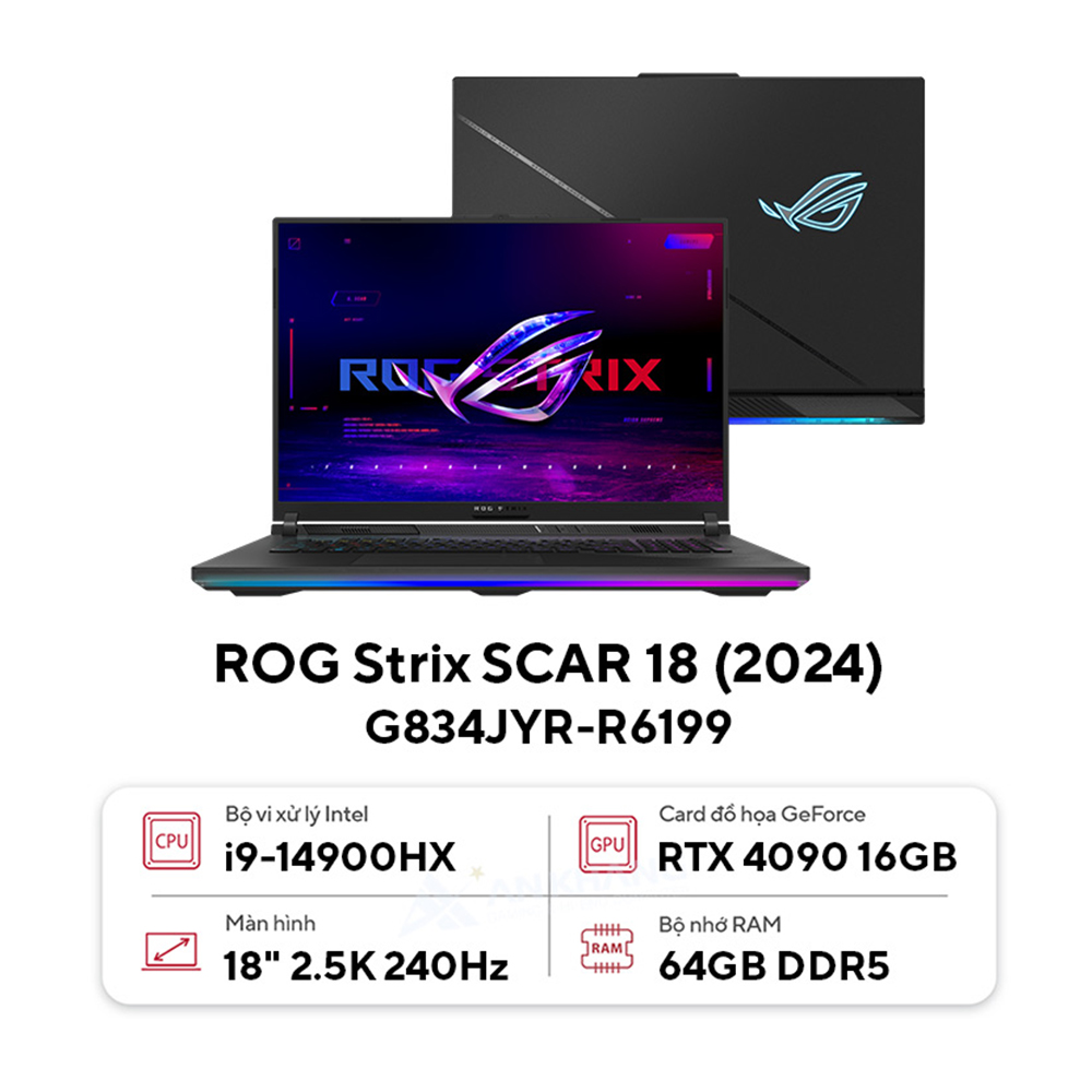 Laptop ASUS ROG Strix SCAR 18 G834JYR-R6199 (Intel Core i9 14900HX | RTX 4090 | 18 inch 2,5K 249Hz | 64GB | 2TB | NoOS | Đen)