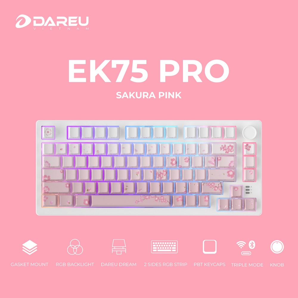 BÀN PHÍM CƠ DAREU EK75 PRO TRIPLE MODE SAKURA PINK DAREU DREAM SWITCH