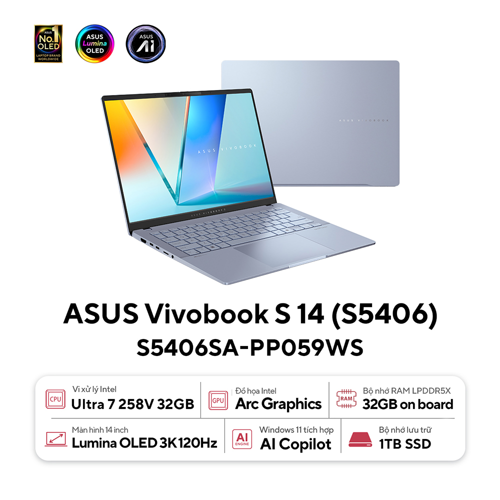 Laptop ASUS Vivobook S 14 OLED S5406SA-PP059WS (Intel Core Ultra 7 258V | 32GB | 1TB | Intel Arc | 14 inch 3K OLED | Win 11 | Office | Xanh)