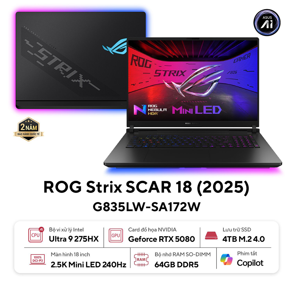 Laptop ASUS ROG Strix SCAR 18 G835LW-SA172W (Intel Core Ultra 9 Processor 275HX | RTX 5080 | 18 inch 2.5K 240Hz | 64GB | 4TB | Win 11 | Đen)
