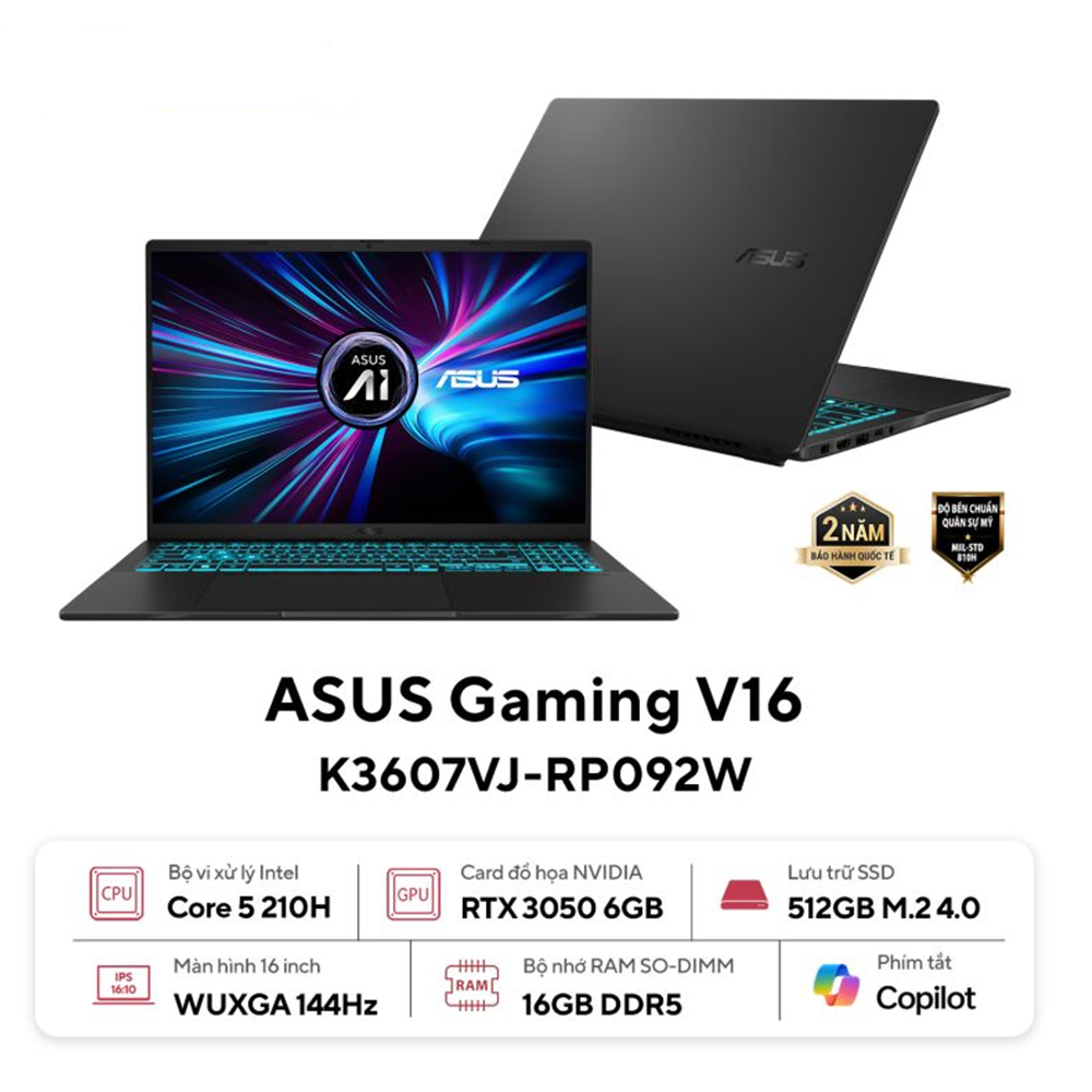 LAPTOP ASUS VIVOBOOK 16 K3607VJ-RP092W (INTEL CORE 5 210H | 16GB | 512GB | RTX 3050 | 16 INCH WUXGA 144HZ | WIN 11 | ĐEN)