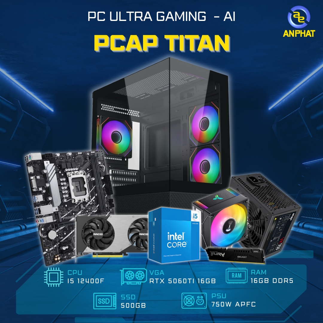 PC ULTRA GAMING AI - PCAP TITAN ( I5 12400F - RTX 5060 TI 16GB - 16GB RAM - 500GB SSD)