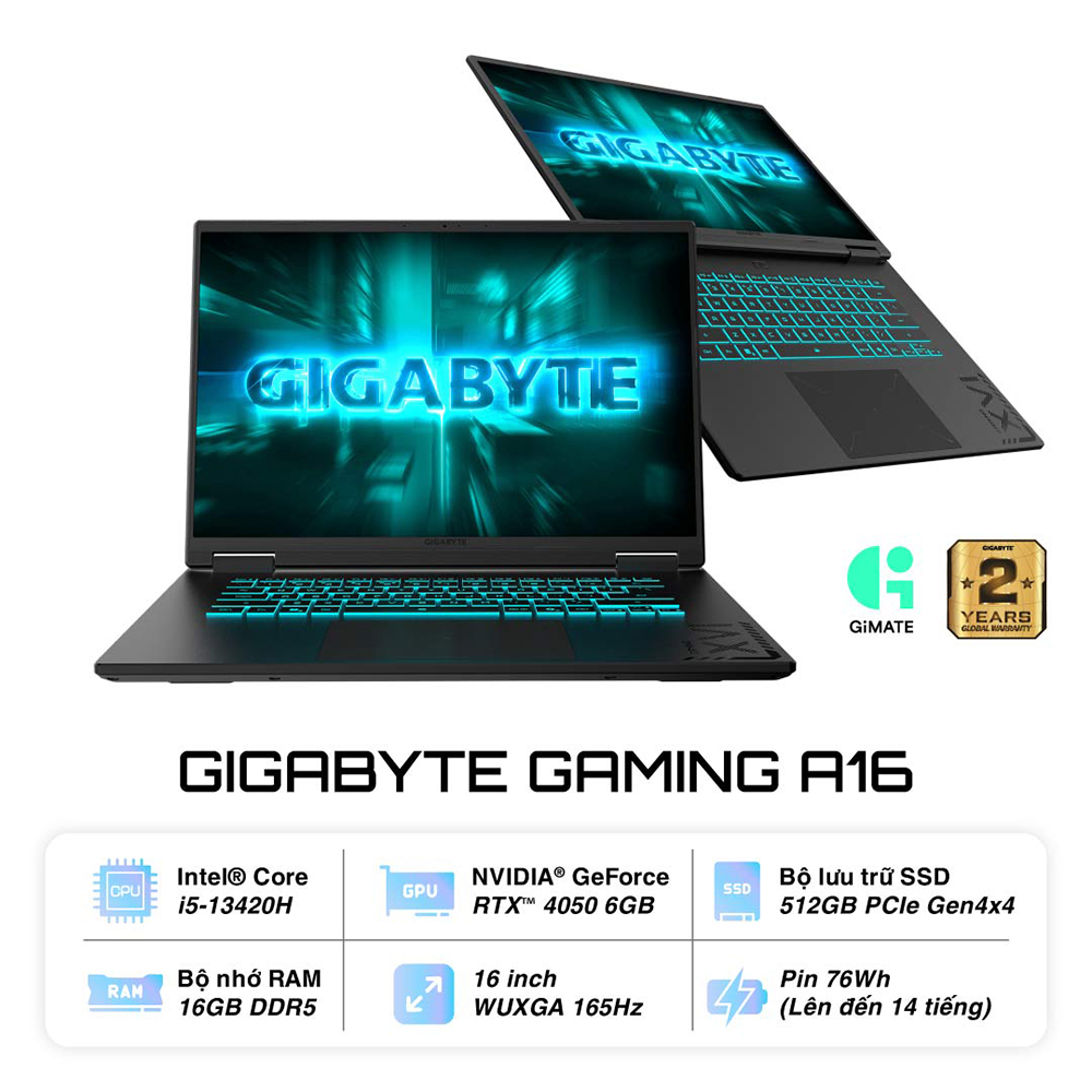 LAPTOP GIGABYTE GAMING A16 CMHH2VN893SH (INTEL CORE I5-13420H | RTX 4050 6GB | 16GB | 512GB | 16 INCH WUXGA 165HZ | WIN 11)