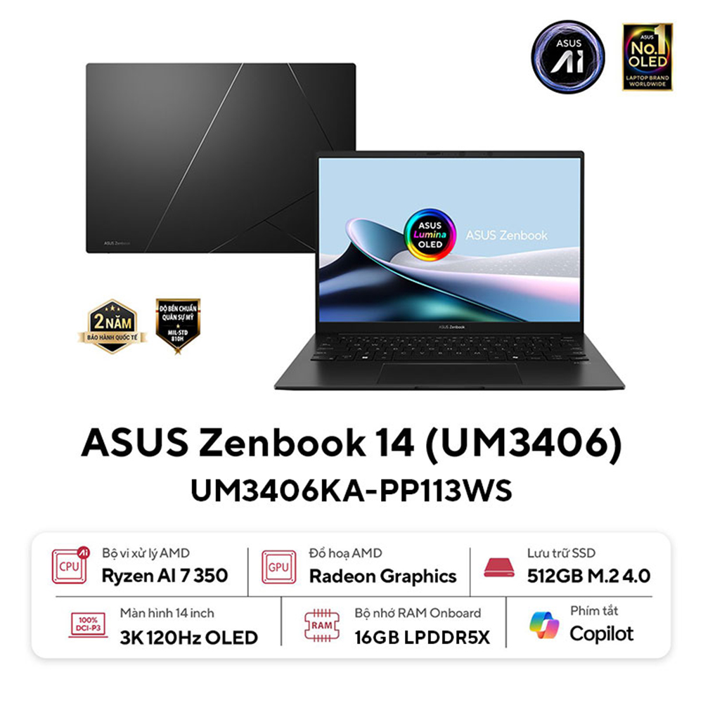 Laptop ASUS Zenbook 14 UM3406KA-PP113WS (RYZEN AI 7 350 | AMD Radeon | 14 inch 3K 120Hz | 16GB | 512GB | Win 11 | Office | Đen)