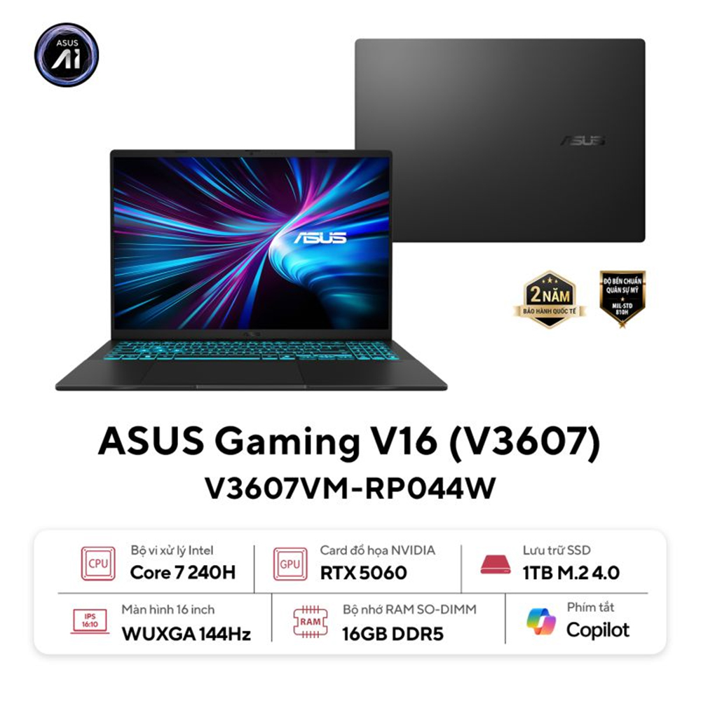 LAPTOP ASUS GAMING V16 V3607VM-RP044W (INTEL CORE 7 240H | RTX 5060 8GB | 16 INCH WUXGA 144HZ | 16GB | 1TB | WIN 11 | ĐEN)