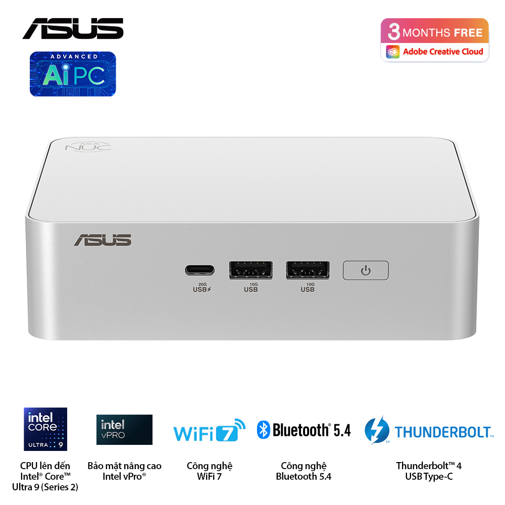 Bộ Mini PC Asus NUC 15 PRO Tall RNUC15CRSU700000I (Intel Core Ultra 7 255H | 2xDDR5-6400 | 2xNVMe | 2x HDMI 2.1 | 2x Thunderbolt | VESA MOUNT | WHITE)