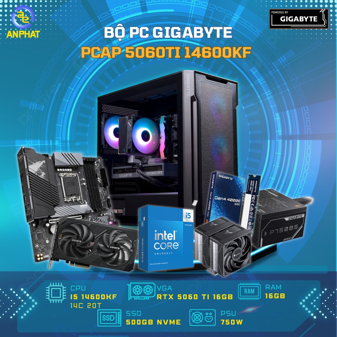 BỘ MÁY TÍNH GIGABYTE RTX5060 TI 16GB - PCAP Live E-sports i5 14600KF, RAM 16GB, SSD 500GB
