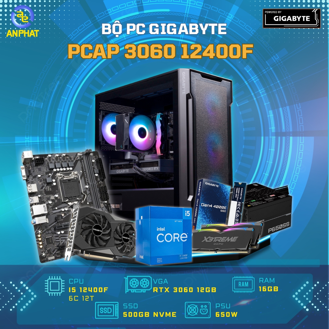 BỘ MÁY TÍNH GIGABYTE RTX3060 12GB - PCAP E-SPORTS I5 12400F, RAM 16GB, SSD 500GB
