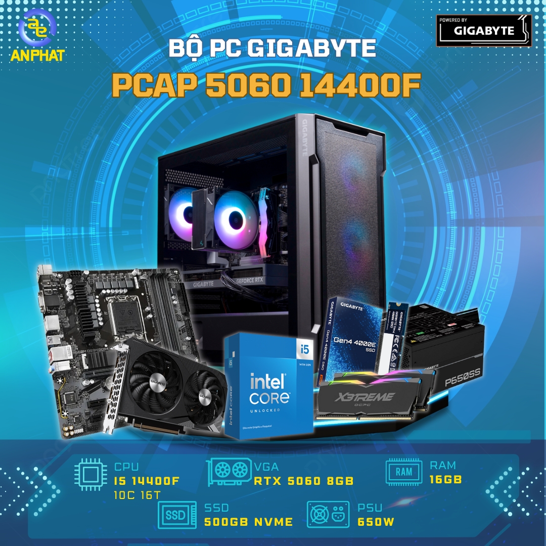 BỘ MÁY TÍNH GIGABYTE RTX5060 8GB - PCAP LIVE E-SPORTS I5 14400F, RAM 16GB, SSD 500GB
