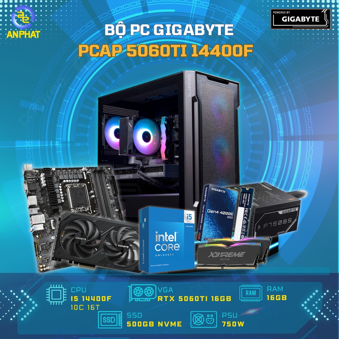 BỘ MÁY TÍNH GIGABYTE RTX5060TI 16GB - PCAP Live E-sports i5 14400F, RAM 16GB, SSD 500GB