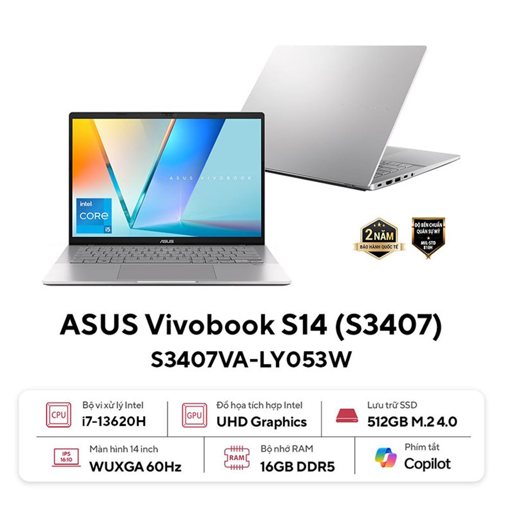 Laptop ASUS Vivobook S14 S3407VA-LY053W (Intel Core i7-13620H | 16GB | 512GB | Intel UHD | 14 inch WUXGA | Win 11 | Bạc)