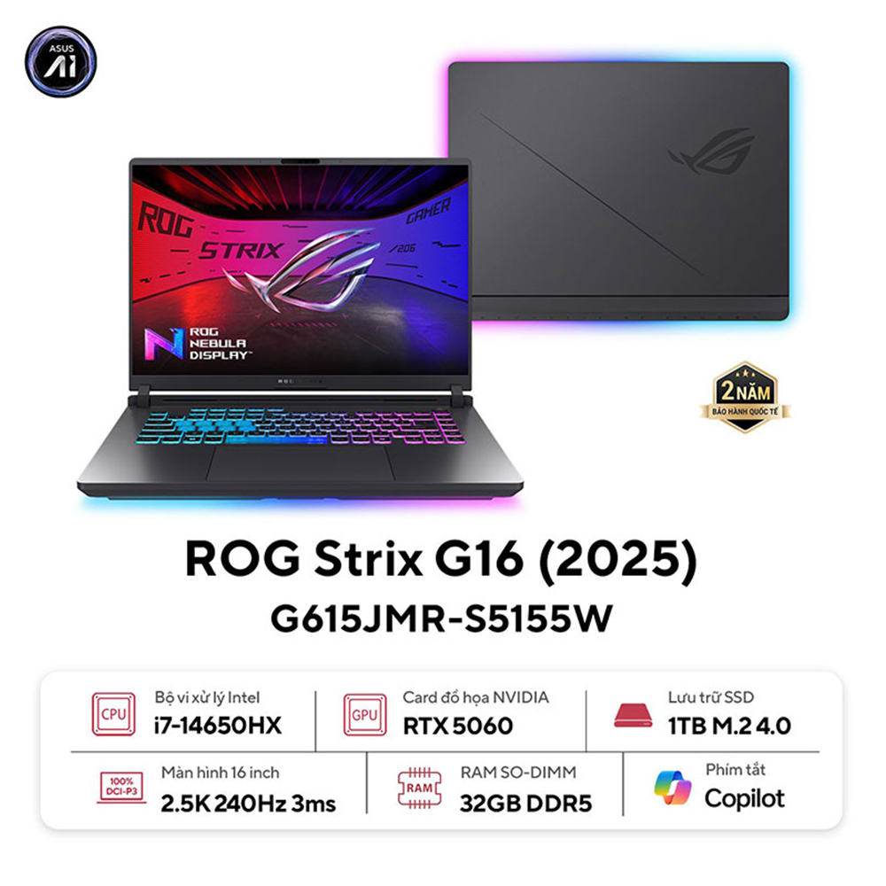 Laptop ASUS ROG Strix G16 G615JMR-S5155W (Intel Core i7-14650HX | RTX 5060 8GB | 16 inch 2.5K IPS 240Hz | 32GB | 1TB | Win 11 | Xám)