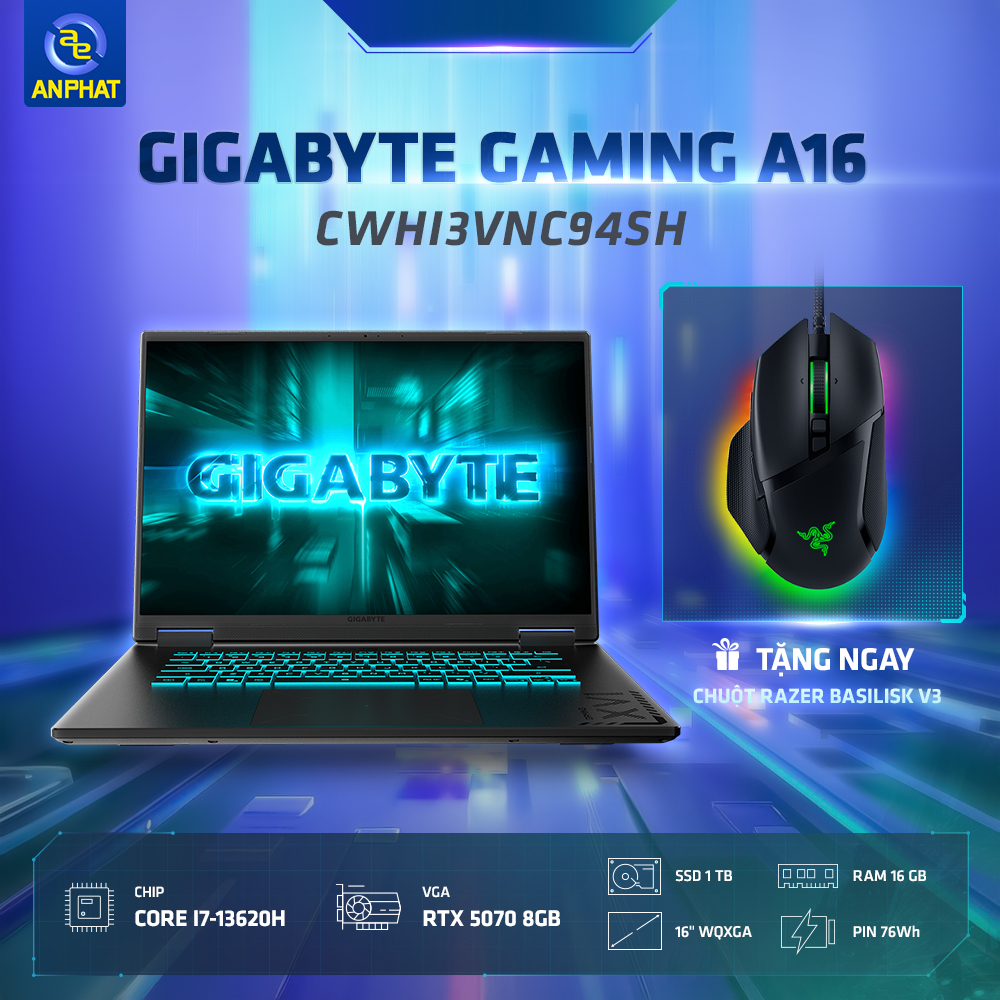 Laptop Gigabyte GAMING A16 CWHI3VNC94SH (Intel Core i7-13620H | RTX 5070 8GB GDDR7 | 16 inch WQXGA | 16GB | 1TB | Windows 11 Home SL | Đen)