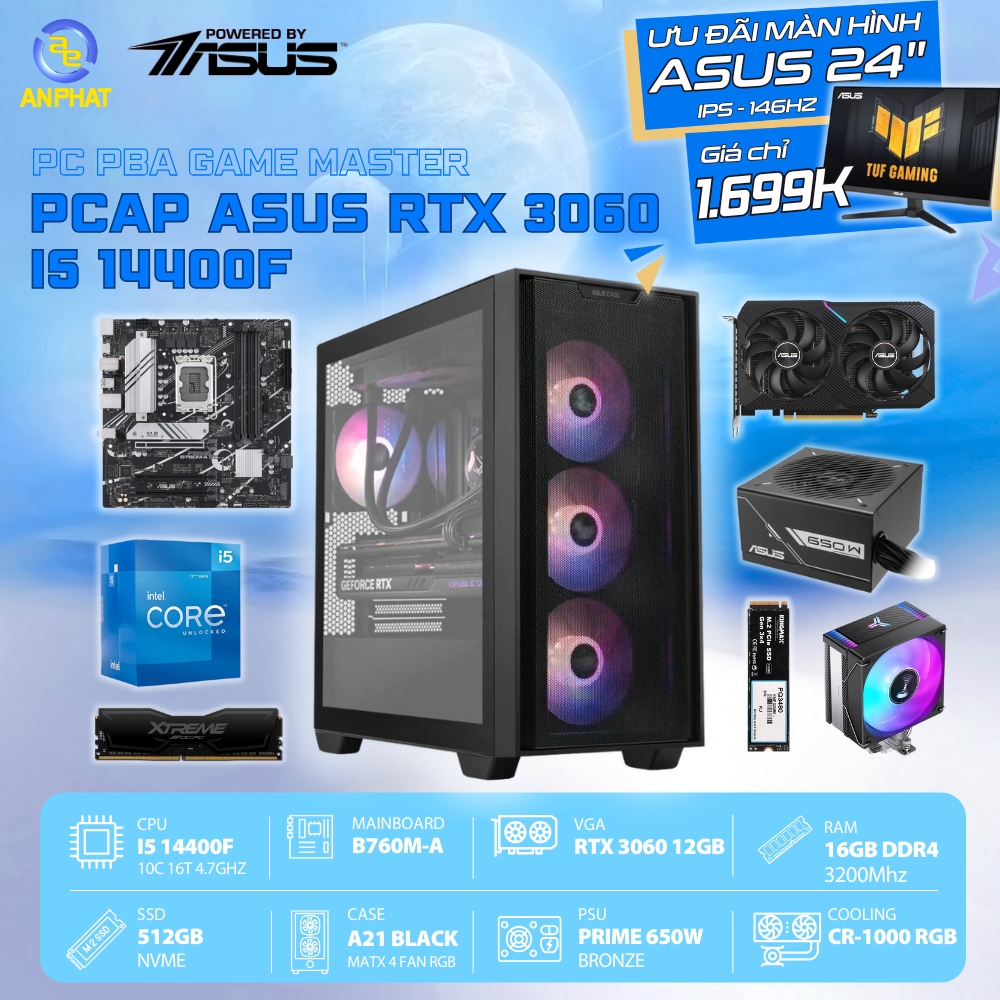 PCAP ASUS RTX 3060 12GB ROG AI Game Master (i5 14400F - 16GB RAM - SSD 500GB - PSU 650W ) - Powered by ASUS