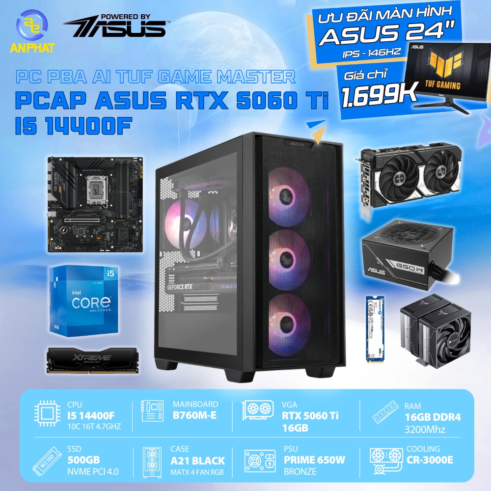 PCAP ASUS RTX 5060Ti 16GB AI TUF Game Master (i5 14400F - 16GB RAM - 500GB SSD) - Powered by ASUS
