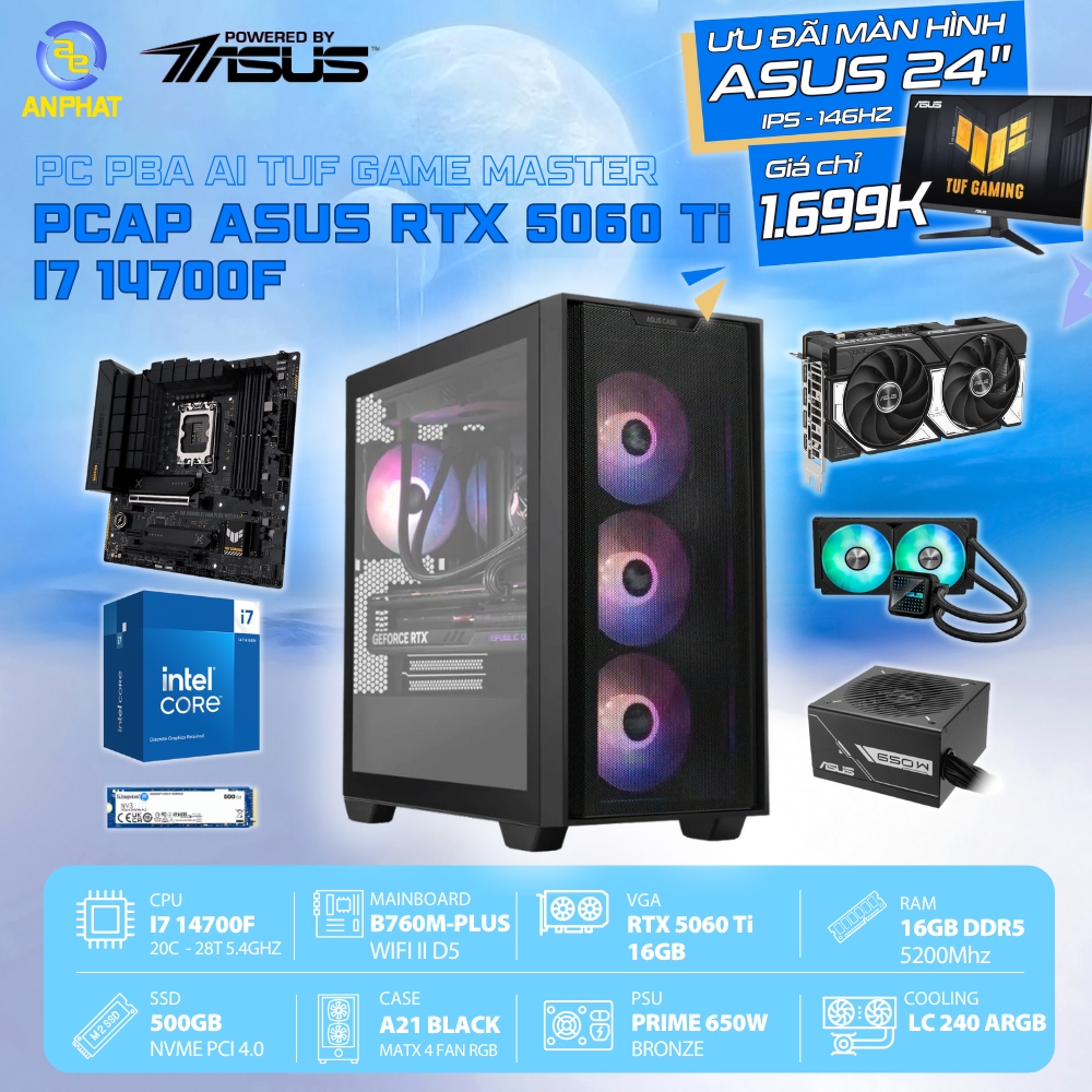 PCAP ASUS RTX 5060TI 16GB AI TUF GAME MASTER (I7 14700F - 16GB RAM DDR5 - 500GB SSD- WC) - POWERED BY ASUS