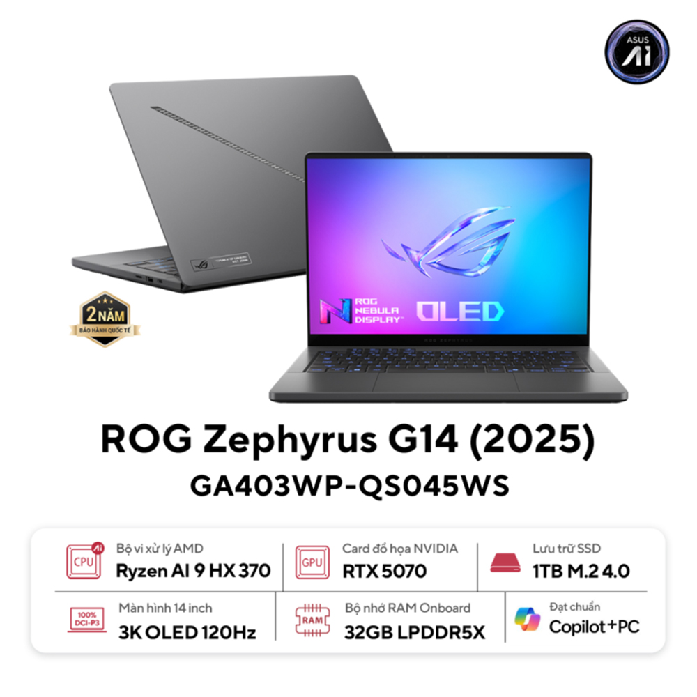 Laptop ASUS ROG Zephyrus G14 GA403WP-QS045WS (AMD Ryzen AI 9 HX 370 | RTX5070 | 14 inch 3K 120Hz 3K OLED | 32GB | 1TB | Win 11 | Office | Xám)