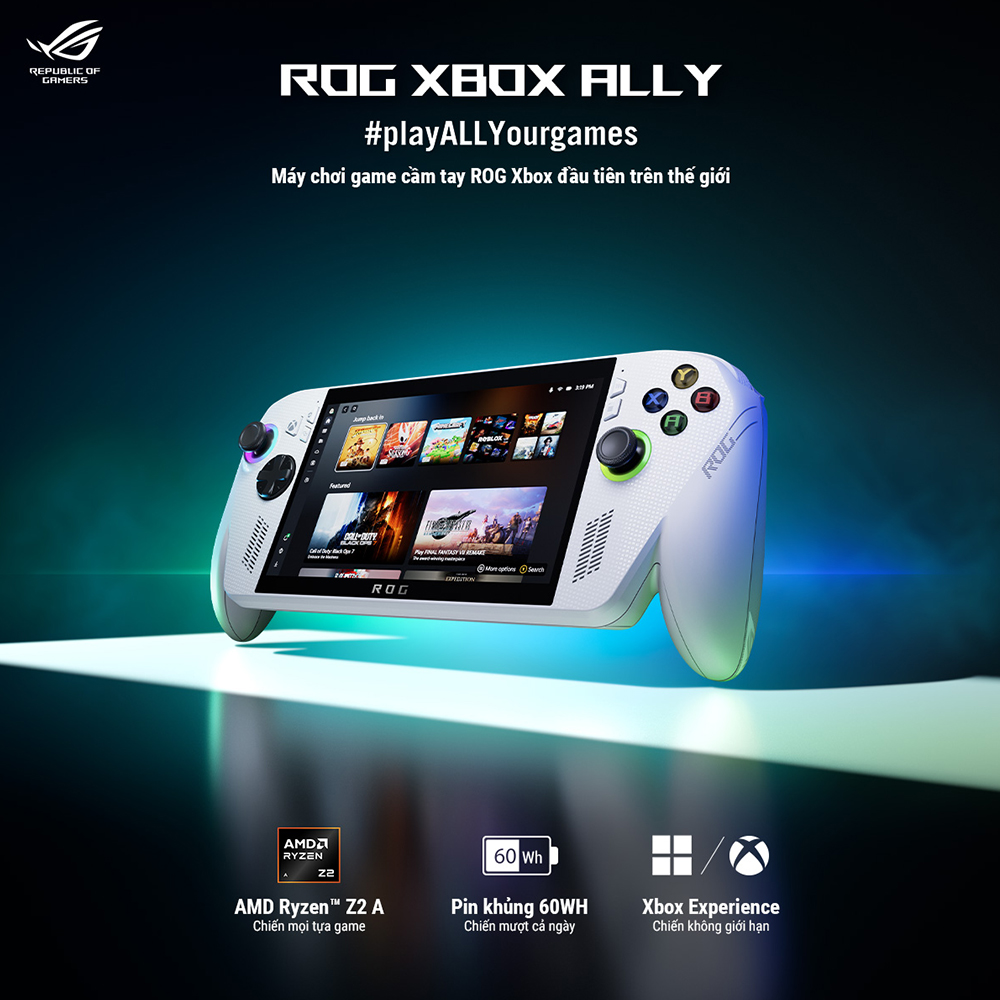 Máy chơi game ASUS ROG Xbox Ally RC73YA-NH002W 90NV00G1-M002N0 (AMD Ryzen Z2 A Processor | 16GB | 512GB | AMD Radeon Graphics | 7 inch FHD | Windows 11 Home | Trắng)