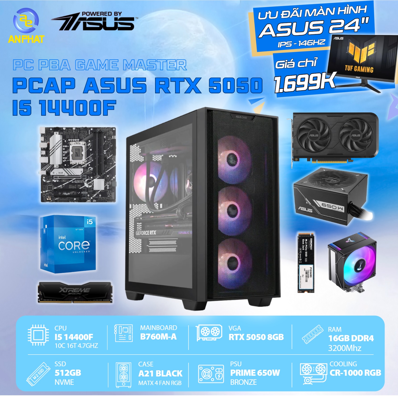 PCAP ASUS RTX 5050 8GB AI Game Master (i5 14400F - 16GB RAM - SSD 500GB - PSU 650W) - Powered by ASUS