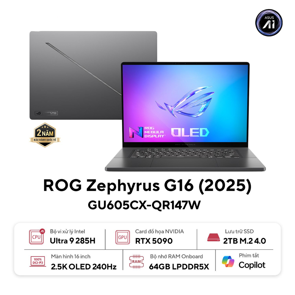Laptop Asus ROG Zephyrus G16 GU605CX-QR147W (Intel Core Ultra 9 Processor 285H | RTX 5090 24GB | 16 inch 2.5K 240Hz OLED | 64GB | 2TB | Win 11 | Xám)