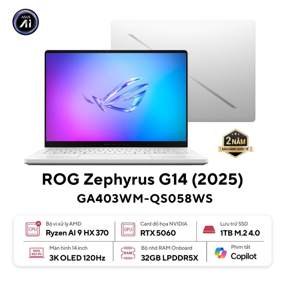 Laptop ASUS ROG Zephyrus G14 GA403 Ryzen AI 9 GA403WM-QS058WS (AMD Ryzen AI 9 HX 370 | RTX 5060 | 14 inch 3K OLED | 32GB | 1TB | Windows 11 Home + Microsoft Office Home 2024 + Microsoft 365 Basic | Trắng)
