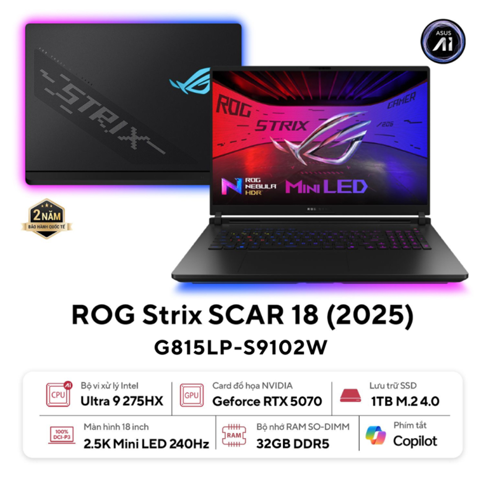 LAPTOP ASUS ROG STRIX G18 G815LP-S9102W (INTEL CORE ULTRA 9 PROCESSOR 275HX | RTX 5070 8GB | 18 INCH 2.5K 240HZ | 32GB | 1TB | WIN 11)