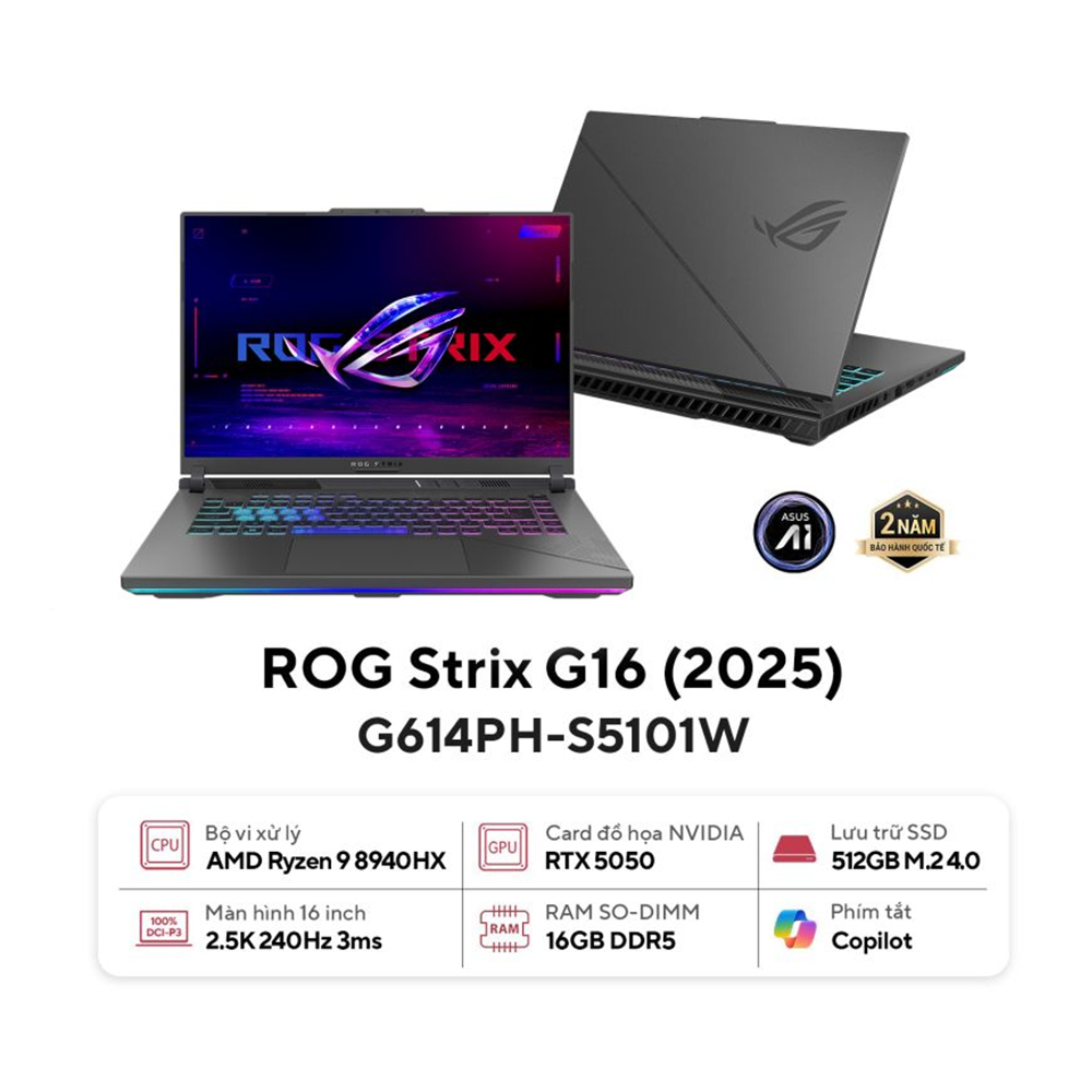 Laptop ASUS ROG Strix G16 G614PH-S5101W (AMD Ryzen 9 8940HX | RTX 5050 8GB | 16 inch WQXGA 240Hz| 16GB | 512GB | Win 11 | Xám)
